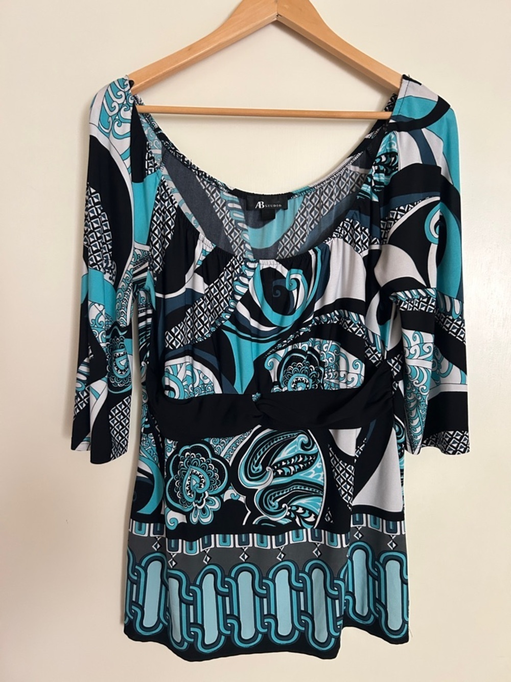 AB Studio Turquoise Black White Printed Top - Picture 7 of 12